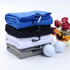 Microfiber Golf Towel With Carabiner Clip, Waffle Pattern, Hook and Loop Fastener
