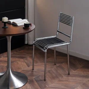 Mid Century Dining Chair Stainless Steel Frame Elastic Nylon Rope Seat Back Spring Chair Stackable for Home Restaurant Small