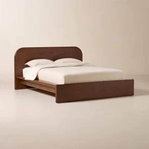 Midcentury Oak Wood Bed Frame with Curved Headboard