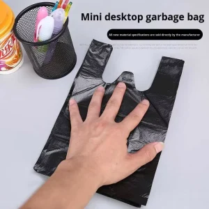 Mini PE Plastic Trash Bags Gravure Printed Black Vest Handle Disposable for Desktop Car Kitchen Cat Dog Poop Scoop Litter Bags