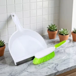 Mini Plastic Broom Dustpan Set Green Bristles Rubber Edge Ideal for Desktops Keyboards Countertops Lightweight Easy to Store