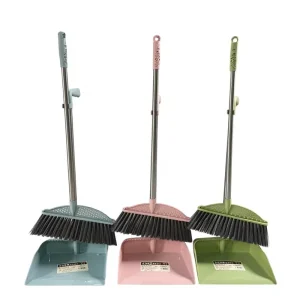Model Broom and Dustpan Set with Mirror Polished Stainless Iron Poles Floral Pattern Handle Standing Cleaning Tool
