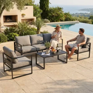 Modern 4 Piece Steel Outdoor Sofa Set with 10cm Thick Cushions Synthetic Wood Top Table for Garden & Park Use Eco Friendly