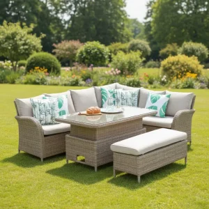 Modern 7-Seater Polyrattan Lounge Sofa Set for Patio Garden with Wicker Rattan Lift Table