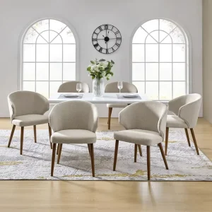 Modern Accent Dining Chairs Light Beige Fabric with Enclosed Armrest Backrest Dark Brown Solid Wood Legs Stable & Durable