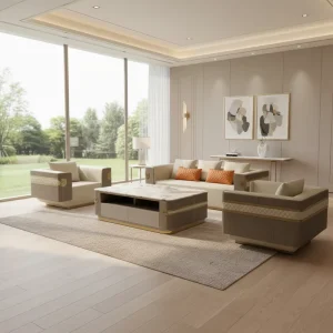 Modern Chesterfield Leather Sofa Set with Genuine Leather Upholstery Tufted Back Metal Legs Octagonal Design for Living Rooms