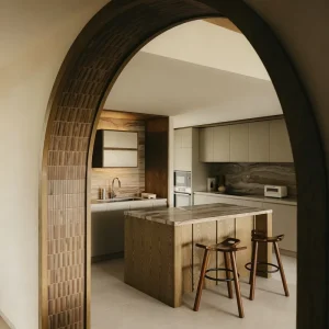 Modern Complete Kitchen Cabinet Set with Appliances, Arc-Shaped Island, for Apartments