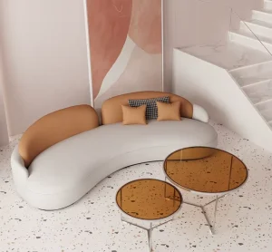 Modern Cream Style Color Block Curved Fabric Sectional Sofa Set With Glass Coffee Table for Living Room Apartment Home Furniture