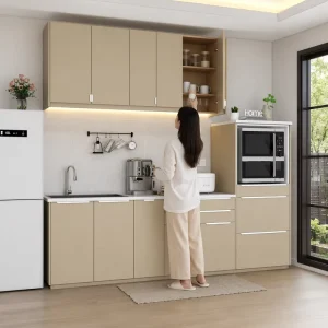 Modern Eco Friendly Fireproof Modular Kitchen Storage Cabinet with Glass Doors and Faucet Complete Sets for Apartment Villa Use