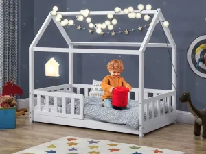Modern Eco Friendly Toddler Bed Kids Single Bed Frame House Shaped Solid Pine Wood with Guard Rails for Boys and Girls