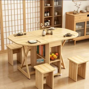 Modern Extendable Space Saving Foldable Dining Table Set with Stools for Small Apartment