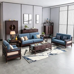 Modern Fabric Sofa and Solid Wood Combination Cabinet Living Room Furniture Set