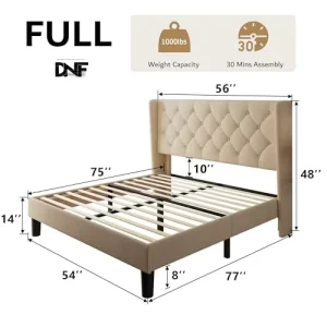 Modern Full Size Adjustable Platform Bed Frame Button Tufted Headboard Upholstered Solid Wooden Slats 8″ Underbed Space No Box