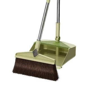 Modern Green Soft Fur PP Stainless Steel Broom Set Long Plastic Handle Dust Tray Durable Lightweight Household Easy