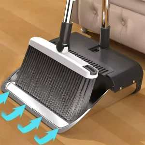 Modern Heavy Duty Stainless Steel Dustpan with Long Handle and Soft Bristles Broom Set for Home & Outdoor Use