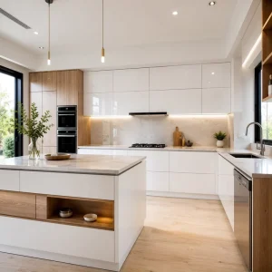 Modern High-Gloss Kitchen Cabinets with Marble Countertop, Wood Island, Handleless LED Lighting