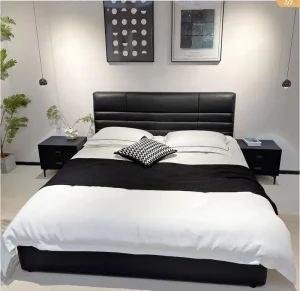 Modern Italian Minimalist Style Bedroom Furniture Master Bedroom Double Bed with Drawer Storage Leather Bed with Soft Backrest