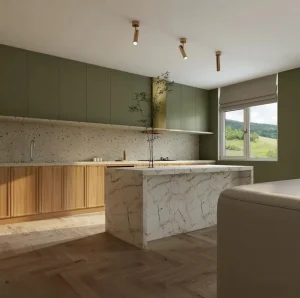 Modern Kitchen Cabinets with Island Counter for Apartments and Dining Areas
