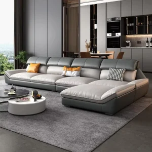 Modern Leather Modular Sectional Sofa Set with Removable Covers, Recliner, and L-Shaped Design