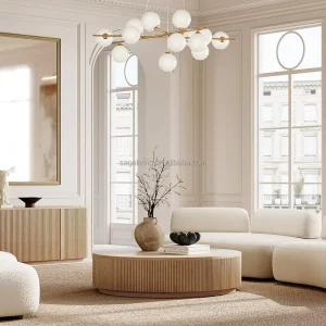 Modern Living Room Sofa Set with Solid Wood Couch and Round Wooden Coffee Table