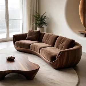 Modern Luxury Fiberglass Sofa with Sculptural Wood Grain Frame and Plush Brown Upholstery for Stylish Home Spaces