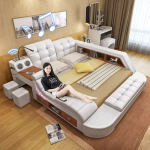 Modern Luxury Leather King Queen Size Bed Sofa Set Multi Functional Storage Massage Features Double Mattress Bedroom Furniture