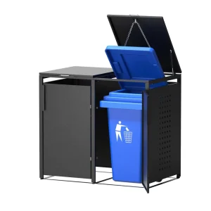 Modern Luxury Standing Waste Bin Wheelie Box Garbage Bin 240L Anthracite Grey & Wood Color Metal Outdoor Dustbin