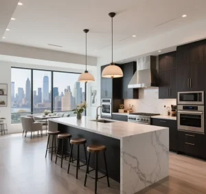 Modern Luxury Style Kitchen Marble Kitchen Island Kitchen with Stainless Steel Appliance