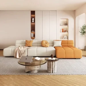 Modern Minimalist Cream Toned Three Seat Chenille Square Living Room Sofa Straight Line Puff Sofa for Hotels and Apartments