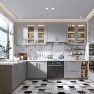 Modern Minimalist Kitchen Cabinet Island Set with Artificial Marble Countertop Hinge Drawer Basket Eco friendly Materials