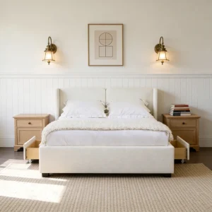 Modern Minimalist Queen Size Storage Platform Bed with Drawer Upholstered Soft Bed Frame Apartment Friendly