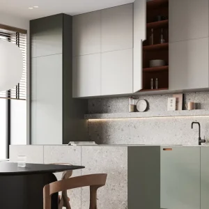 Modern Modular Kitchen Cabinet Bespoke Two Tone Matte Melamine with Stone Feature Wall for Open Dining Kitchen