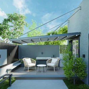 Modern Motorized Folding PVC Sunshade Pergola 7 Level Windproof & Fully Waterproof Retractable Awning for Garden Poolside