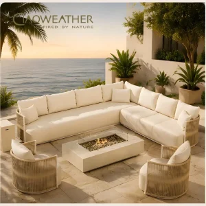 Modern Outdoor Furniture Set Waterproof Fire Pit With Aluminum Bench & Rattan Aluminum Cast Sofa Garden Courtyard Resort Hotel