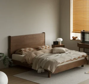Modern Queen Size Bed Set Black Walnut Headboard Solid Wood Frame Bedroom Furniture