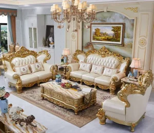 Modern Retro European Leather Sofa Set with Solid Wood Carved Frame for Living Room