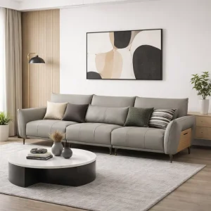 Modern Scandinavian Luxury Leather Sofa High Density Foam Sponge Three Deep Seats Minimalist Sleek Design for Living Room