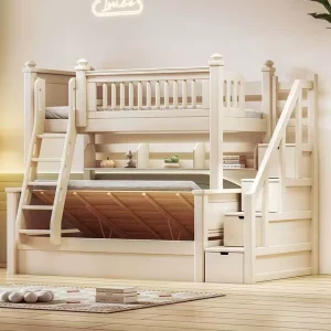 Modern Solid Wood Multi Functional Bunk Bed with Storage Staircase and Drawers Space Saving Design for Queen King Full Sizes