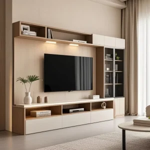 Modern Solid Wood TV Stand with Panel Design Adjustable Shelves Multi Functional Storage for Living Room