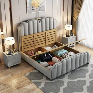 Modern Storage Leather Bed 1.8 m king Size Double Solid Wood Bed Frame Luxury Bedroom Furniture