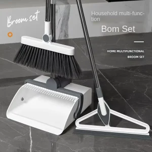 Modern Three-piece Broom Set with Comb Teeth Dustpan Stainless Steel Plastic Broom for Home Use