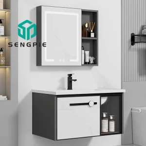 Modern Wall-Mounted Aluminum Bathroom Vanity with Smart Mirror Makeup Cabinet Ceramic Basin for Hotels