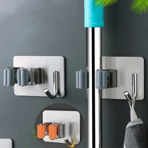 Modern Wall mounted Hotel Mop Clamp Silver 304 Stainless Steel Hole free Mop Hook Home Garden Gripper Holds
