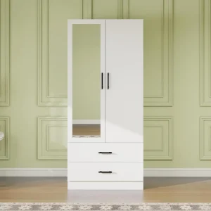 Modern White Wooden Two-Door Wardrobe with Mirror, Hanging Rod, and Two Drawers