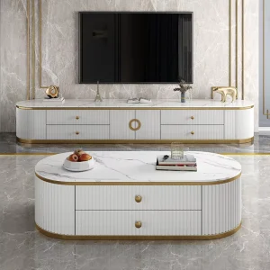 Modern Wooden Marble Coffee Table and TV Cabinet Combination