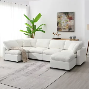 Modular U-Shaped Sleeper Sofa Bed Chenille Sectional Couch Set Convertible 6-Seat Cloud Sofa