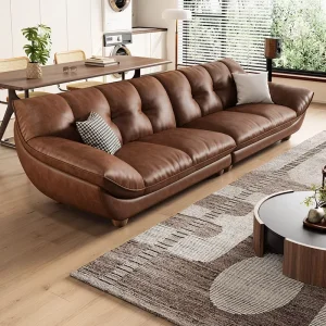 Moop Top Modern Curved Brown Leather Sofa 3 Seater Luxury Upholstered Living Room Couch with Soft Cushions