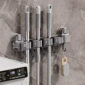Mop Holder Suction Cup Mop and Broom Holder with 5 Hooks for Household Items and Kitchen Accessories