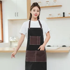 Multi Pocket Black Apron with Brown Accent Unisex Sleeveless Work Apron for Barista Chef Canvas Apron with Custom Logo