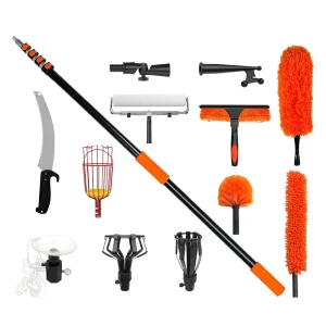 Multi functional Aluminum Telescopic Pole Extension Rod with Fruit Picker Pruning Saw Squeegee Duster Paint Roller Tools Kit